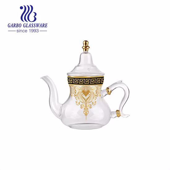 Turkish Arab Morocco Tea Glass Kettle Borosilicate Customized Printing Logo Gold Rim Glass Coffee Tea Pot
